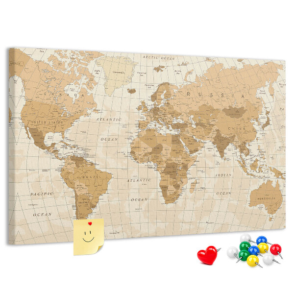 Tablero de anuncios Mapa del mundo antiguo en tonos marrones.