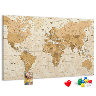 Tablero de anuncios Mapa del mundo antiguo en tonos marrones.