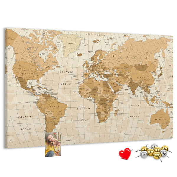 Tablero de anuncios Mapa del mundo antiguo en tonos marrones.