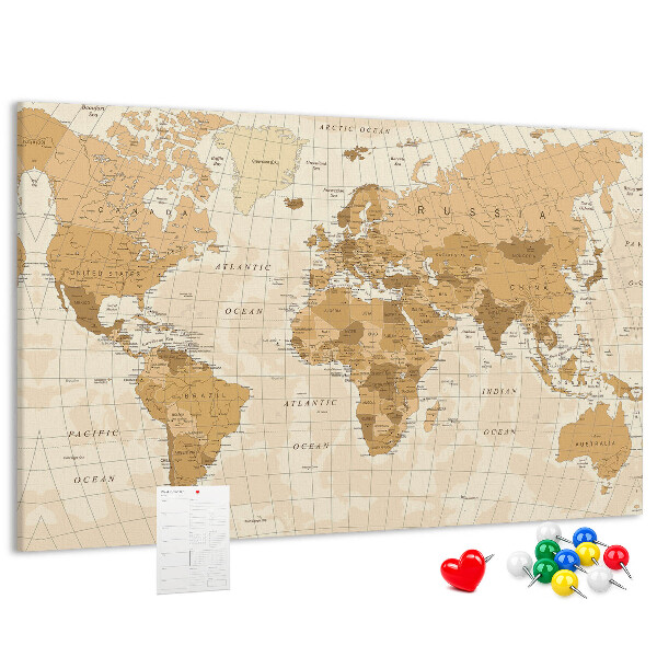 Tablero de anuncios Mapa del mundo antiguo en tonos marrones.