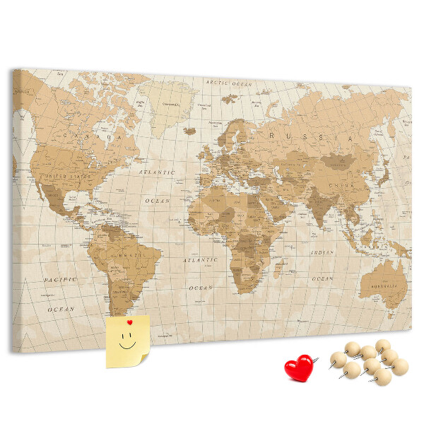 Tablero de anuncios Mapa del mundo antiguo en tonos marrones.