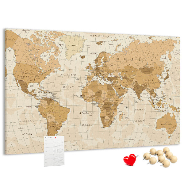 Tablero de anuncios Mapa del mundo antiguo en tonos marrones.