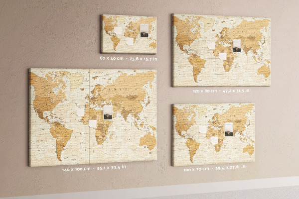 Tablero de anuncios Mapa del mundo antiguo en tonos marrones.