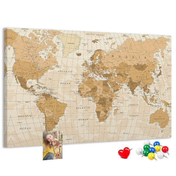 Tablero de anuncios Mapa del mundo antiguo en tonos marrones.