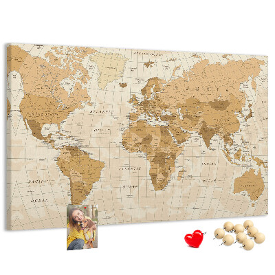 Tablero de anuncios Mapa del mundo antiguo en tonos marrones.