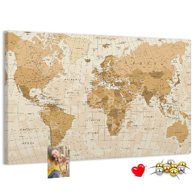 Tablero de anuncios Mapa del mundo antiguo en tonos marrones.