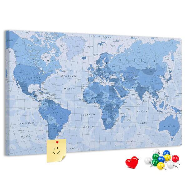 Pizarra de corcho Mapa del mundo en tonos azules.