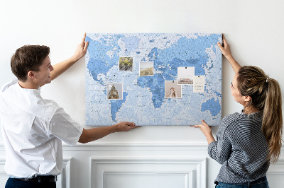Pizarra de corcho Mapa del mundo en tonos azules.