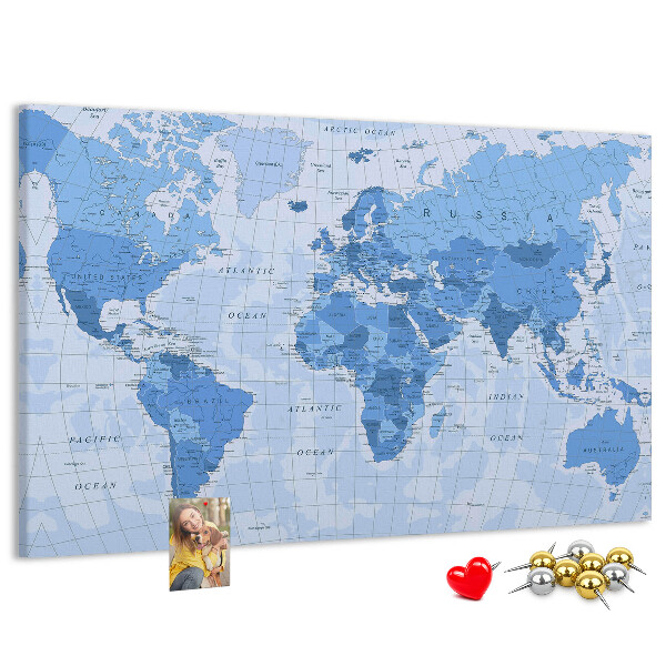 Pizarra de corcho Mapa del mundo en tonos azules.