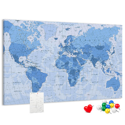 Pizarra de corcho Mapa del mundo en tonos azules.