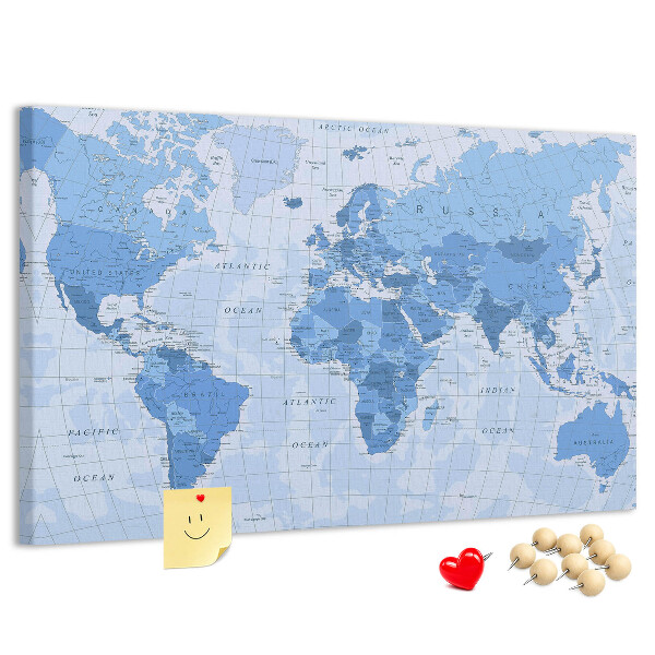 Pizarra de corcho Mapa del mundo en tonos azules.