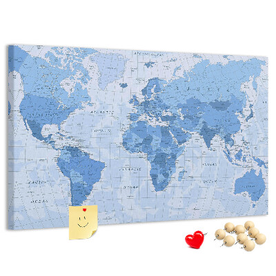 Pizarra de corcho Mapa del mundo en tonos azules.