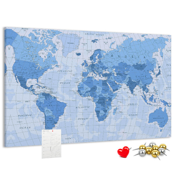 Pizarra de corcho Mapa del mundo en tonos azules.