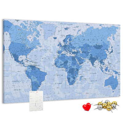 Pizarra de corcho Mapa del mundo en tonos azules.