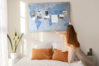 Pizarra de corcho Mapa del mundo en tonos azules.