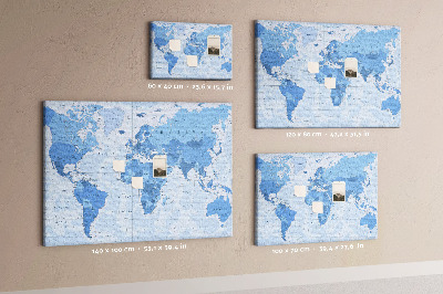 Pizarra de corcho Mapa del mundo en tonos azules.