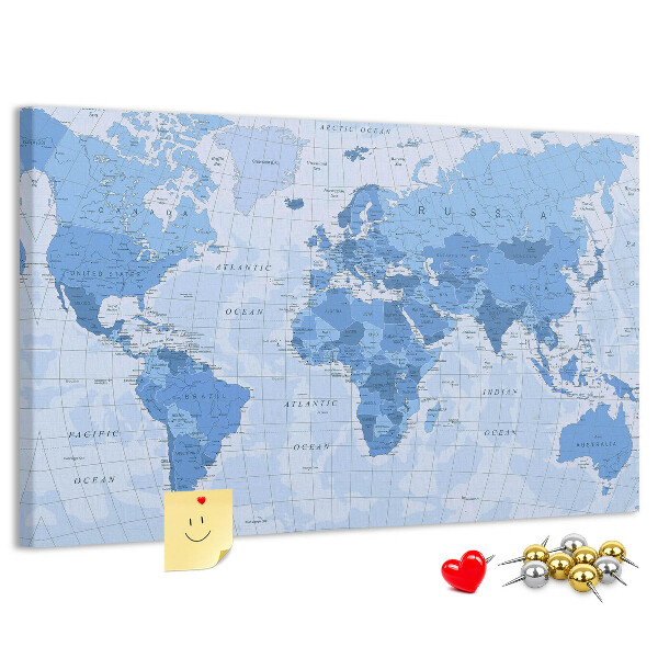 Pizarra de corcho Mapa del mundo en tonos azules.