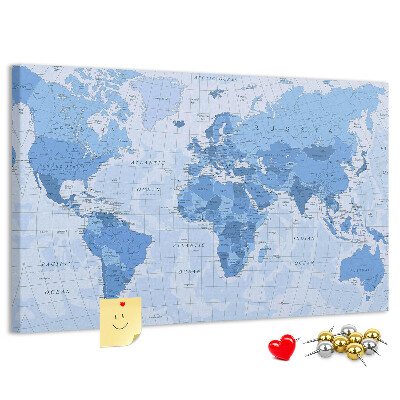 Pizarra de corcho Mapa del mundo en tonos azules.