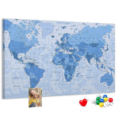 Pizarra de corcho Mapa del mundo en tonos azules.