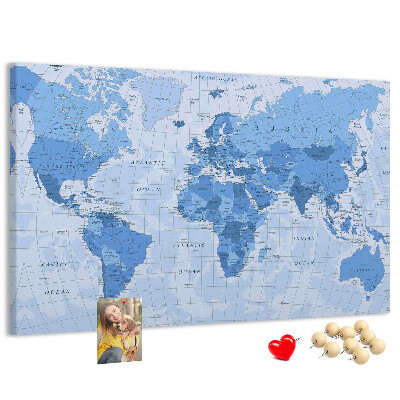 Pizarra de corcho Mapa del mundo en tonos azules.