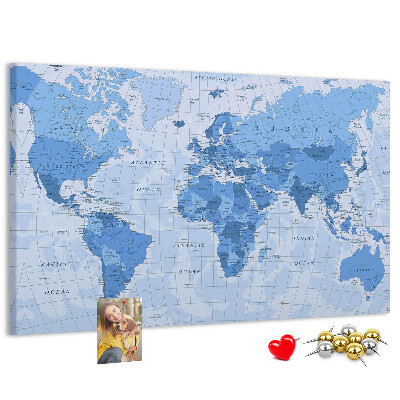 Pizarra de corcho Mapa del mundo en tonos azules.