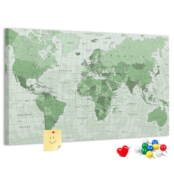Tablero de corcho decorado Mapa mundial verde con continentes