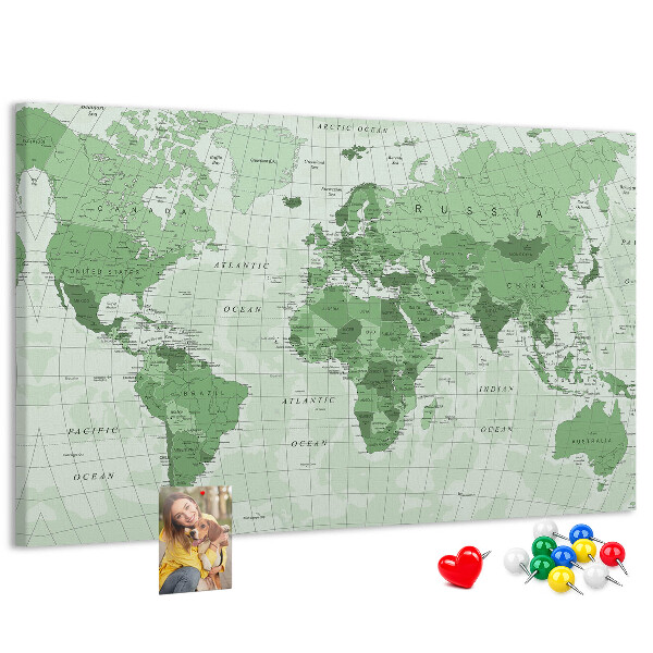 Tablero de corcho decorado Mapa mundial verde con continentes