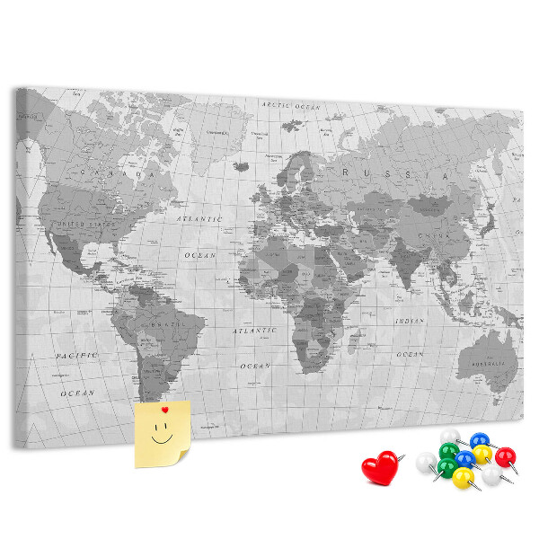Tablero de anuncios mapa mundial detallado en tonos de gris