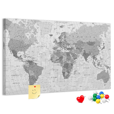 Tablero de anuncios Mapa mundial detallado en tonos de gris.