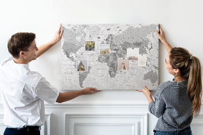 Tablero de anuncios mapa mundial detallado en tonos de gris
