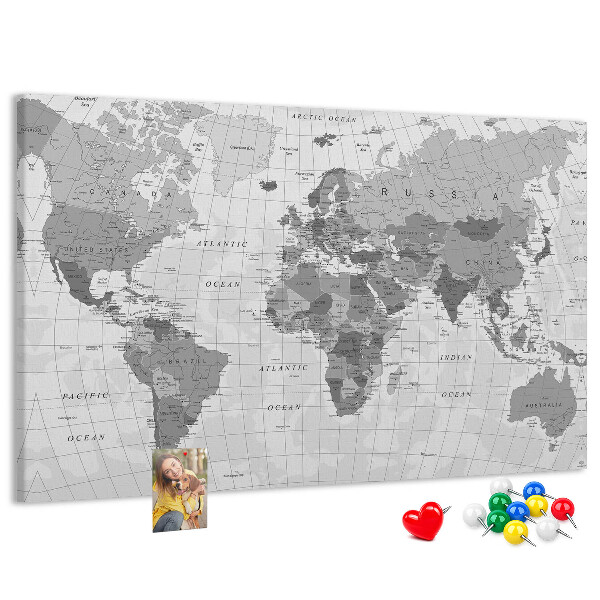 Tablero de anuncios mapa mundial detallado en tonos de gris