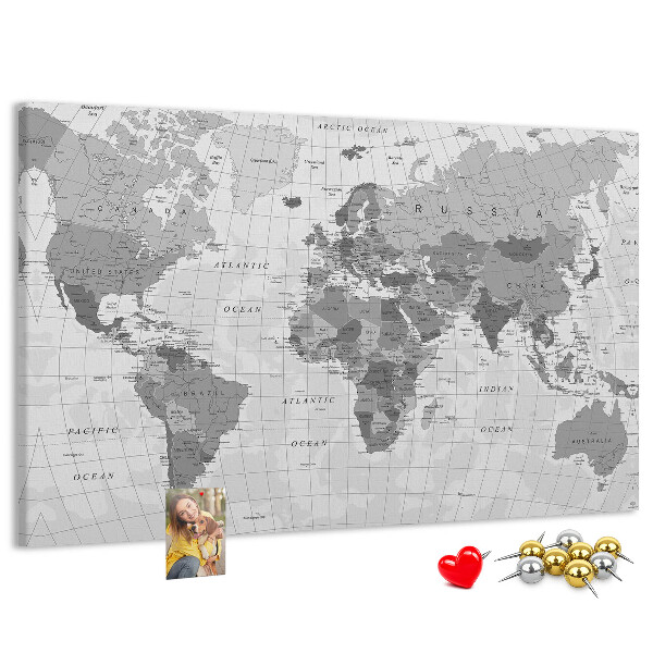 Tablero de anuncios mapa mundial detallado en tonos de gris