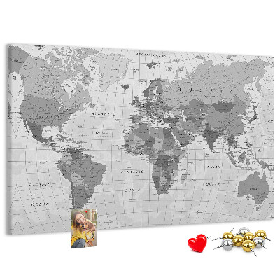Tablero de anuncios mapa mundial detallado en tonos de gris