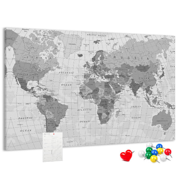 Tablero de anuncios mapa mundial detallado en tonos de gris