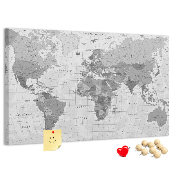 Tablero de anuncios mapa mundial detallado en tonos de gris