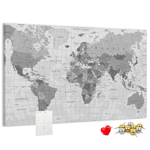 Tablero de anuncios mapa mundial detallado en tonos de gris