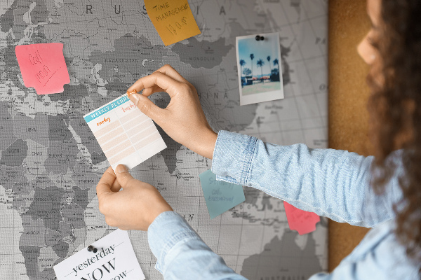 Tablero de anuncios mapa mundial detallado en tonos de gris