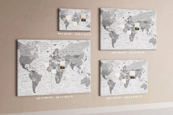 Tablero de anuncios mapa mundial detallado en tonos de gris