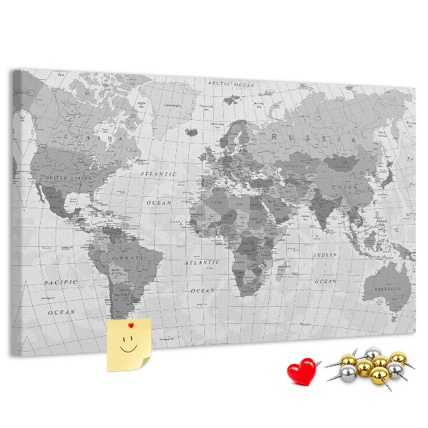 Tablero de anuncios mapa mundial detallado en tonos de gris