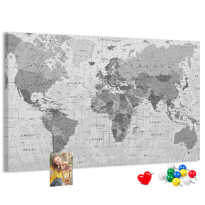Tablero de anuncios mapa mundial detallado en tonos de gris