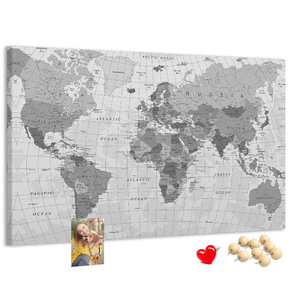 Tablero de anuncios mapa mundial detallado en tonos de gris
