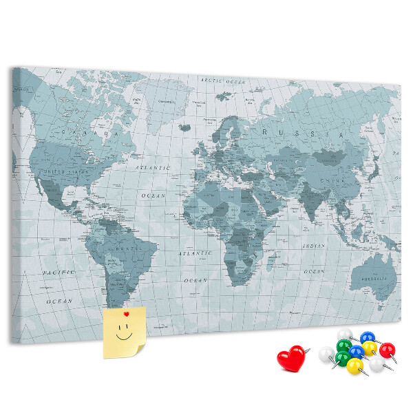 Pizarra de corcho Mapa del mundo en tonos azules.