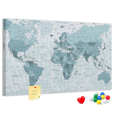 Pizarra de corcho Mapa del mundo en tonos azules.