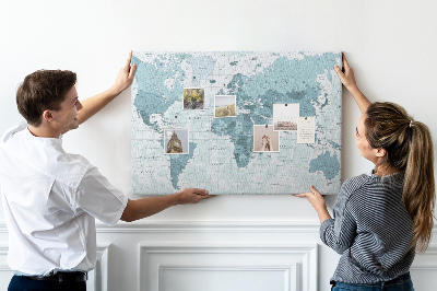 Pizarra de corcho Mapa del mundo en tonos azules.