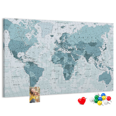 Pizarra de corcho Mapa del mundo en tonos azules.