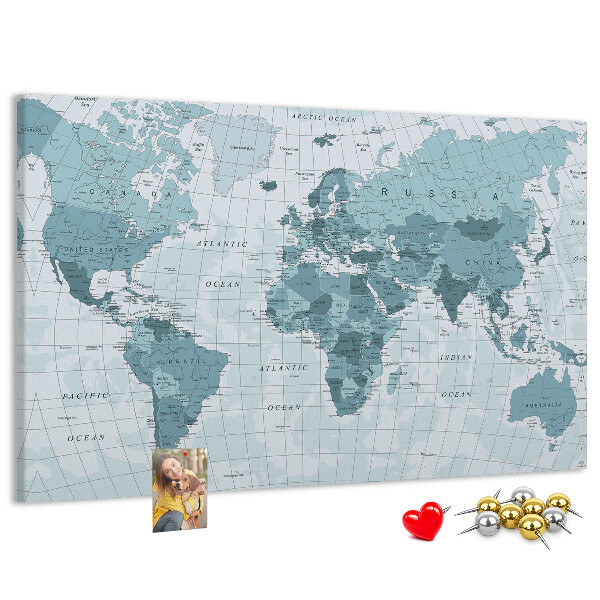 Pizarra de corcho Mapa del mundo en tonos azules.