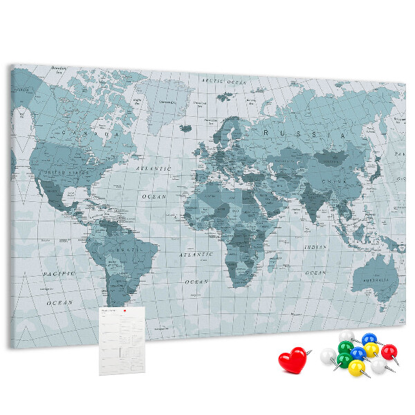 Pizarra de corcho Mapa del mundo en tonos azules.