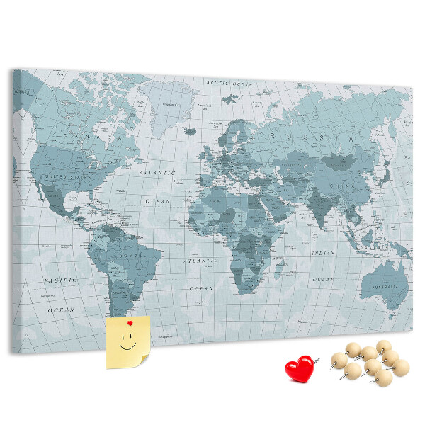 Pizarra de corcho Mapa del mundo en tonos azules.