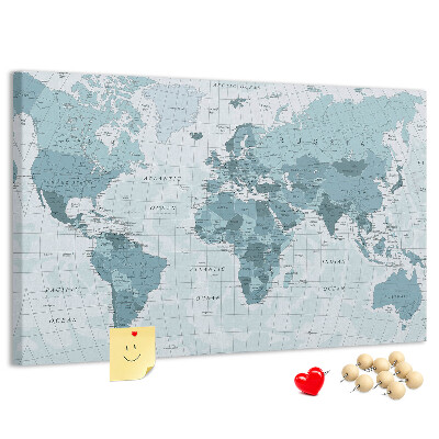 Pizarra de corcho Mapa del mundo en tonos azules.