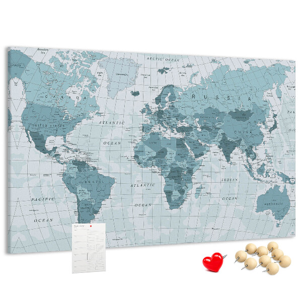 Pizarra de corcho Mapa del mundo en tonos azules.